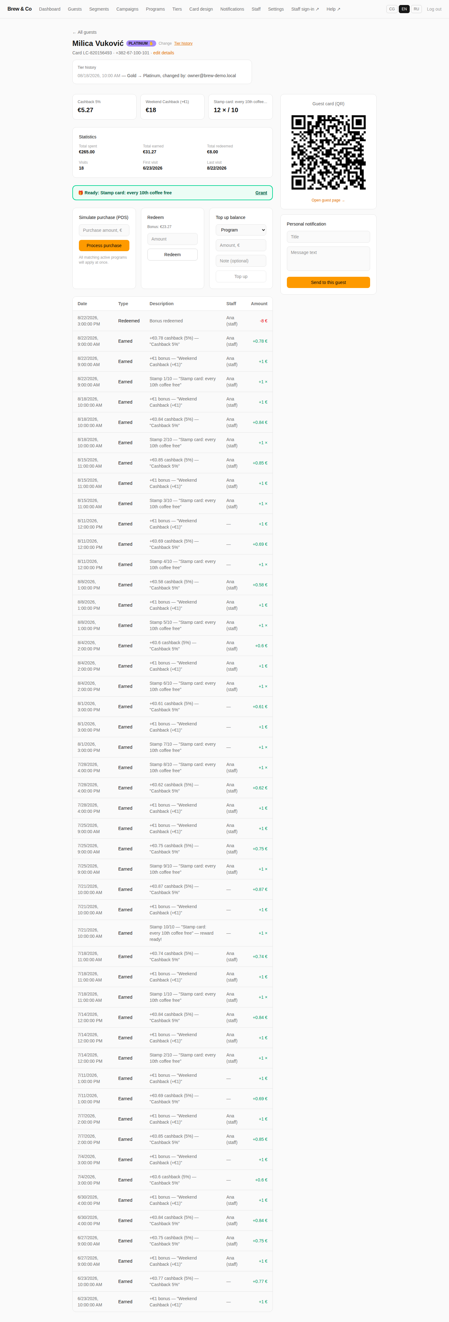 Guest detail page for Milica Vuković showing per-program balance cards, a Statistics box, a green ready-reward banner, Simulate purchase and Redeem boxes, a Personal notification composer, a QR code, and a transaction history table