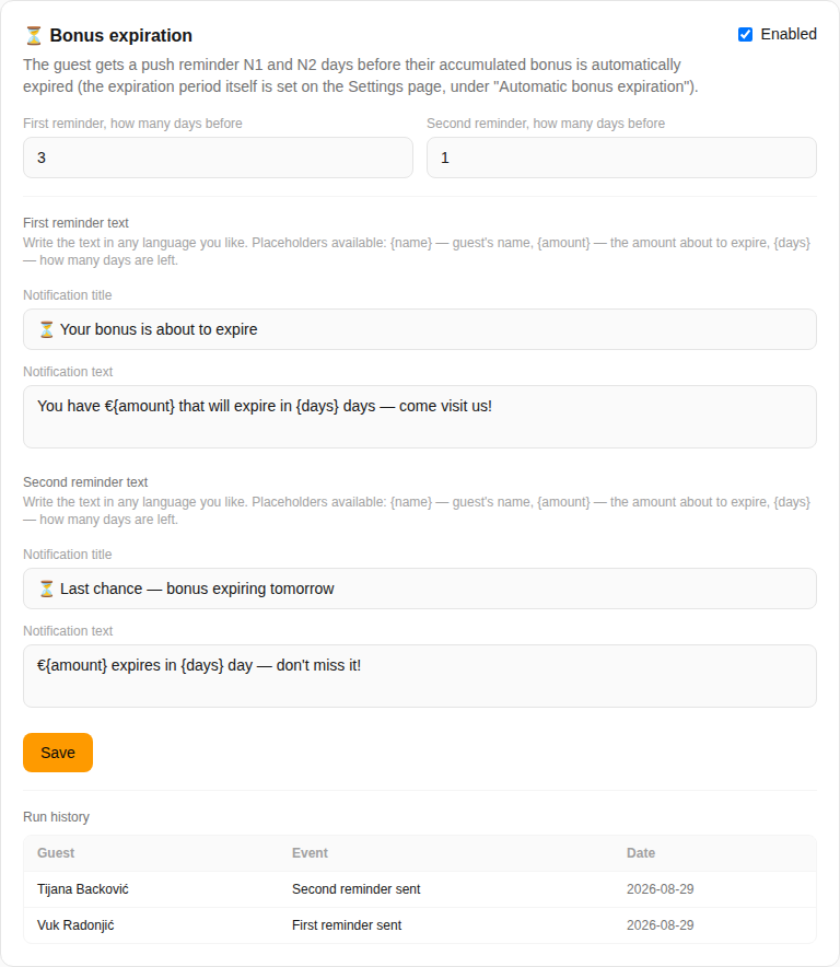 Bonus expiration campaign settings: two reminders with their own texts and a run history table showing two real sends