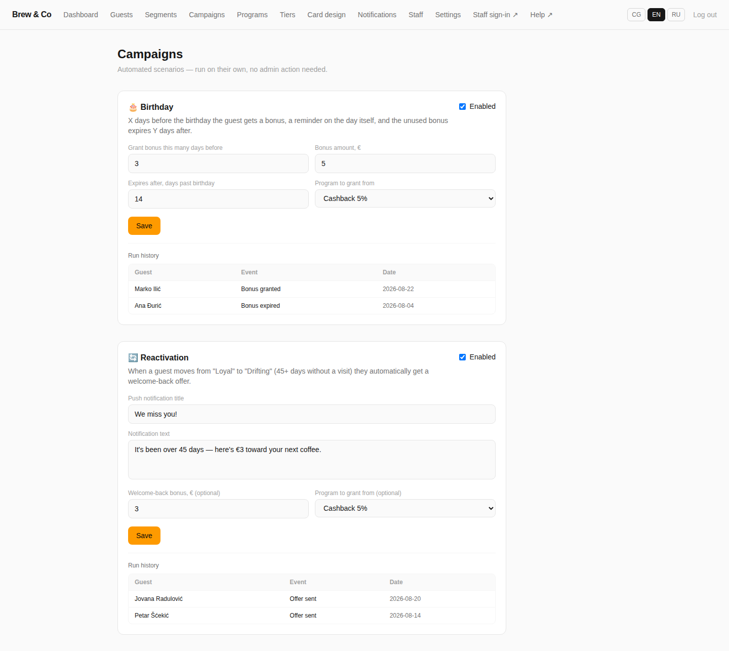 Campaigns page with a Birthday panel and a Reactivation panel, each with settings fields, an Enabled checkbox, a Save button, and a run history table