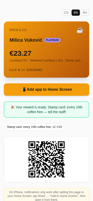 Guest card page with an orange Add app to Home Screen button below the balance