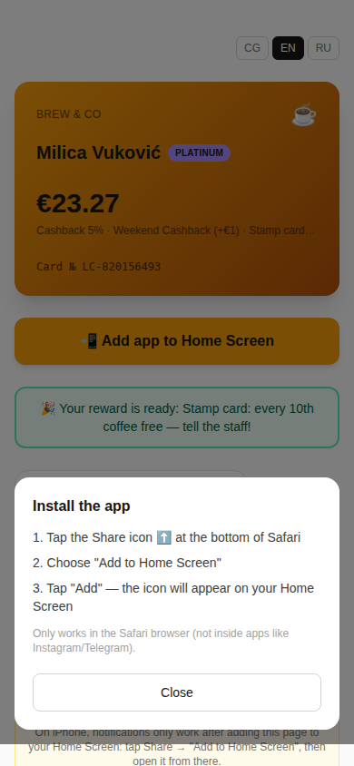 Install the app dialog with three numbered steps: tap the Share icon, choose Add to Home Screen, tap Add