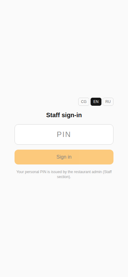 Staff sign-in screen with a PIN field and a Sign in button