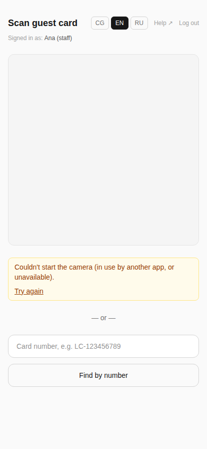 Scan guest card screen showing a camera-unavailable message with a Try again link, and a manual card-number field below