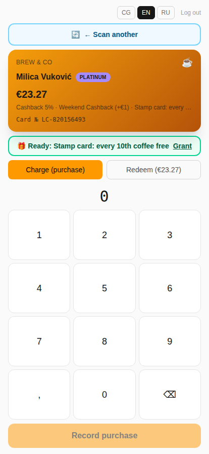 Charge screen for guest Milica Vuković in Charge (purchase) mode, with a green ready-reward banner above the mode toggle and a numpad below