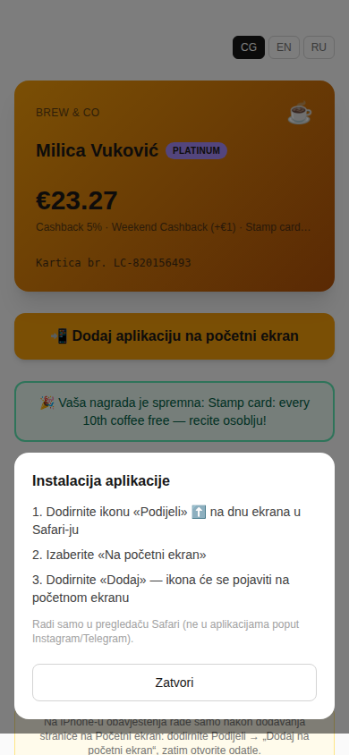 Uputstvo za instalaciju prikazano u aplikaciji na iPhone-u