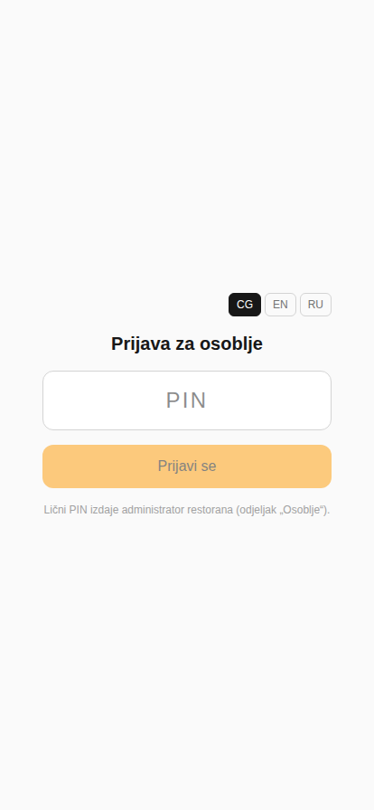 Ekran za prijavu osoblja sa poljem za PIN