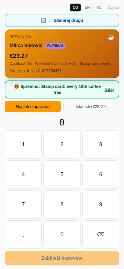 Ekran naplate sa profilom gosta, dugmadima Naplati/Iskoristi i numeričkom tastaturom