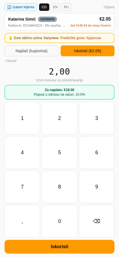 Ekran iskorišćavanja bonusa sa rezultatom Za naplatu i procentom popusta