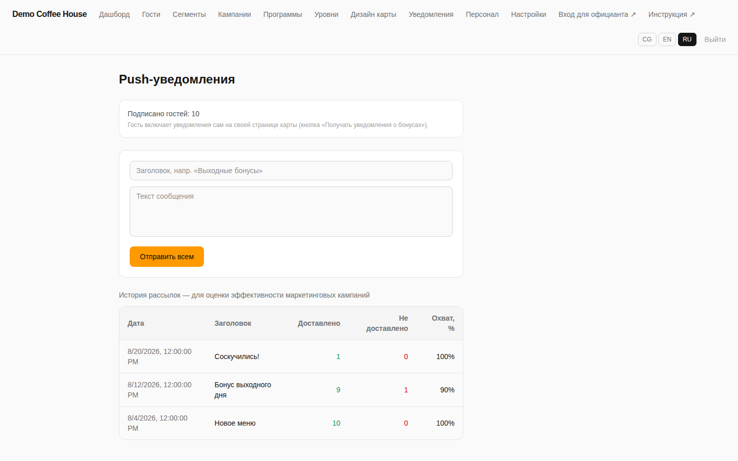Форма отправки push-уведомлений и история рассылок с доставкой